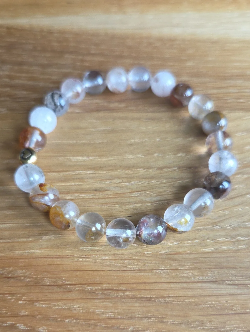 Gold Red Rutilated Quartz Beaded Stretch Bracelet | Handmade
